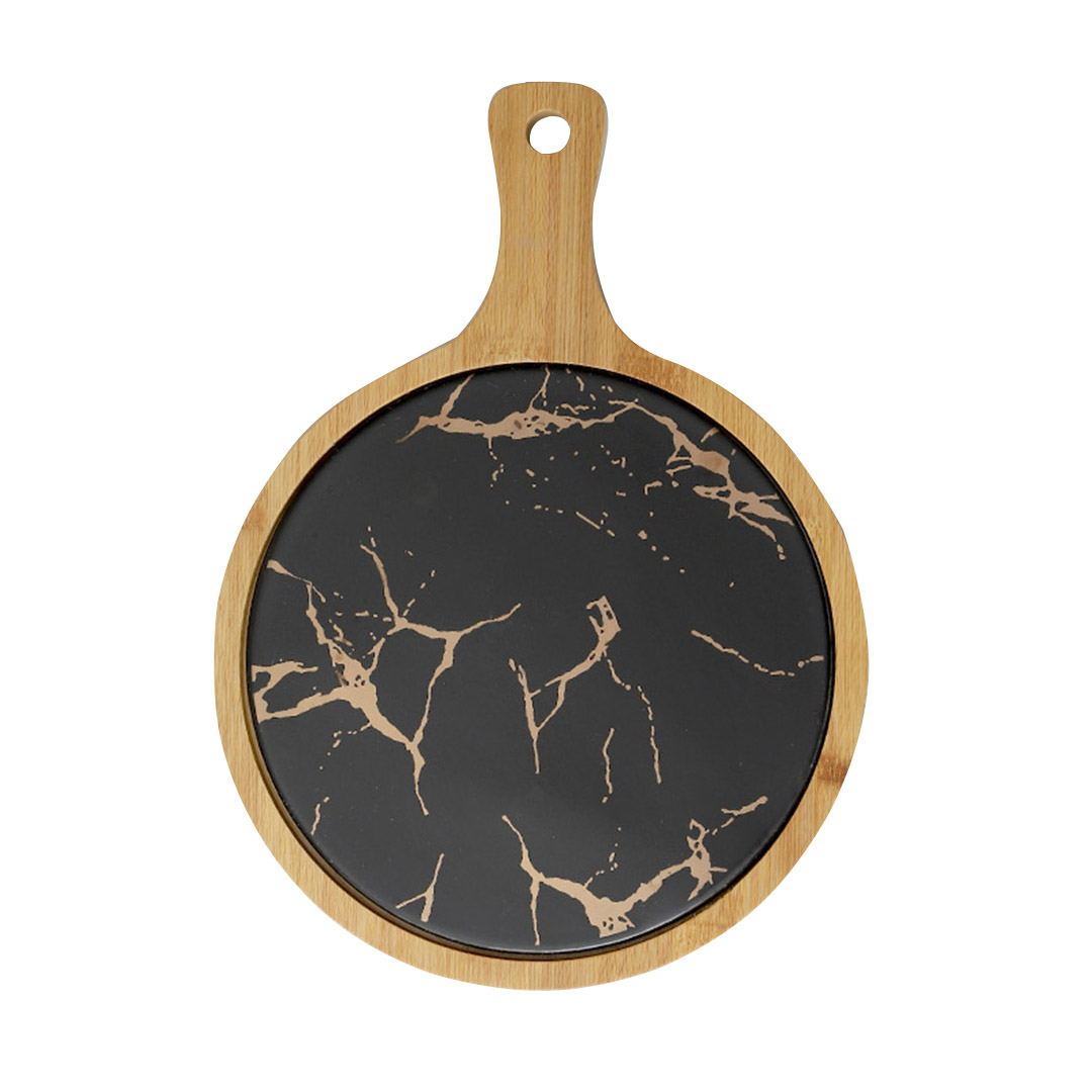 SOGA 30cm Black Circle Wooden Serving Tray Slate Steak Serving Platter Chopping Board...